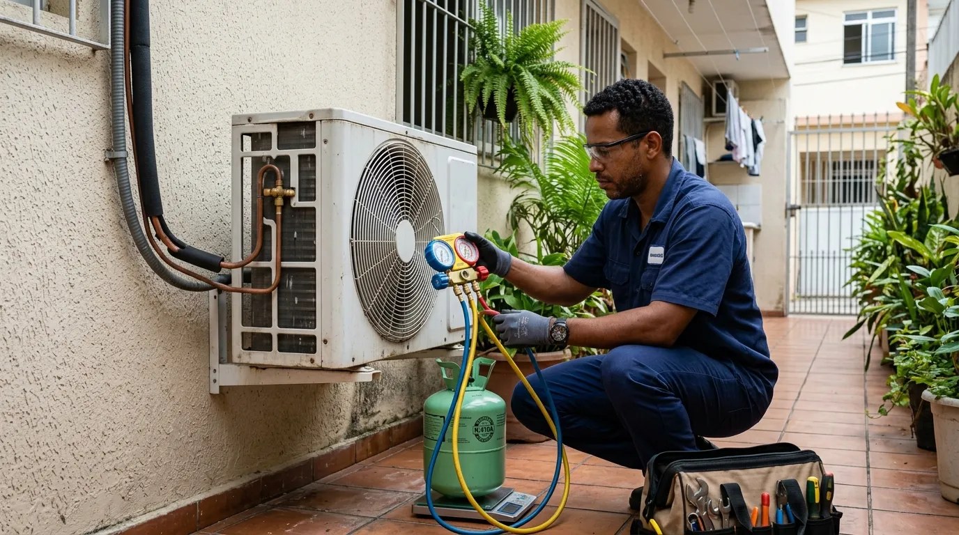 Técnico fazendo carga de gás na condensadora do ar-condicionado em Itajaí‑SC