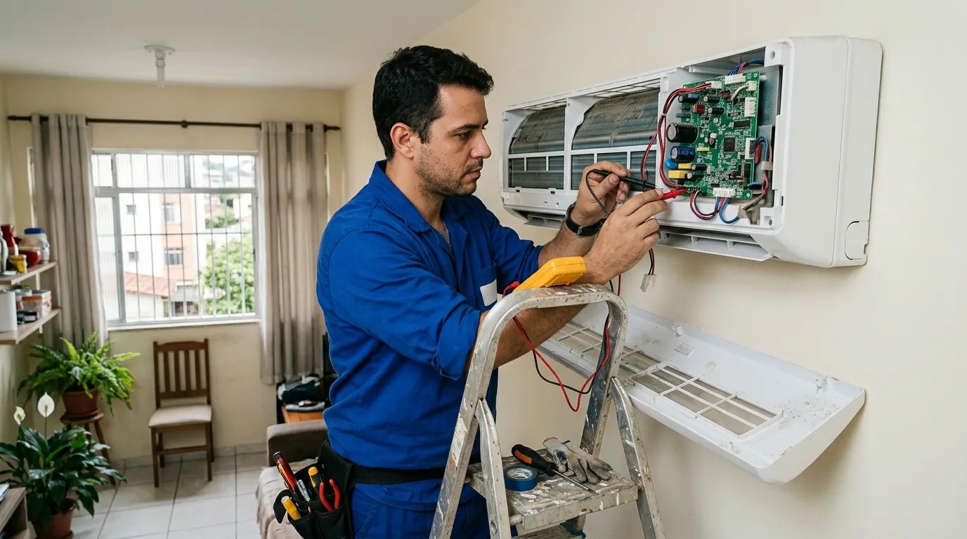 Técnico trocando a placa eletrônica de ar-condicionado split em Itajaí‑SC
