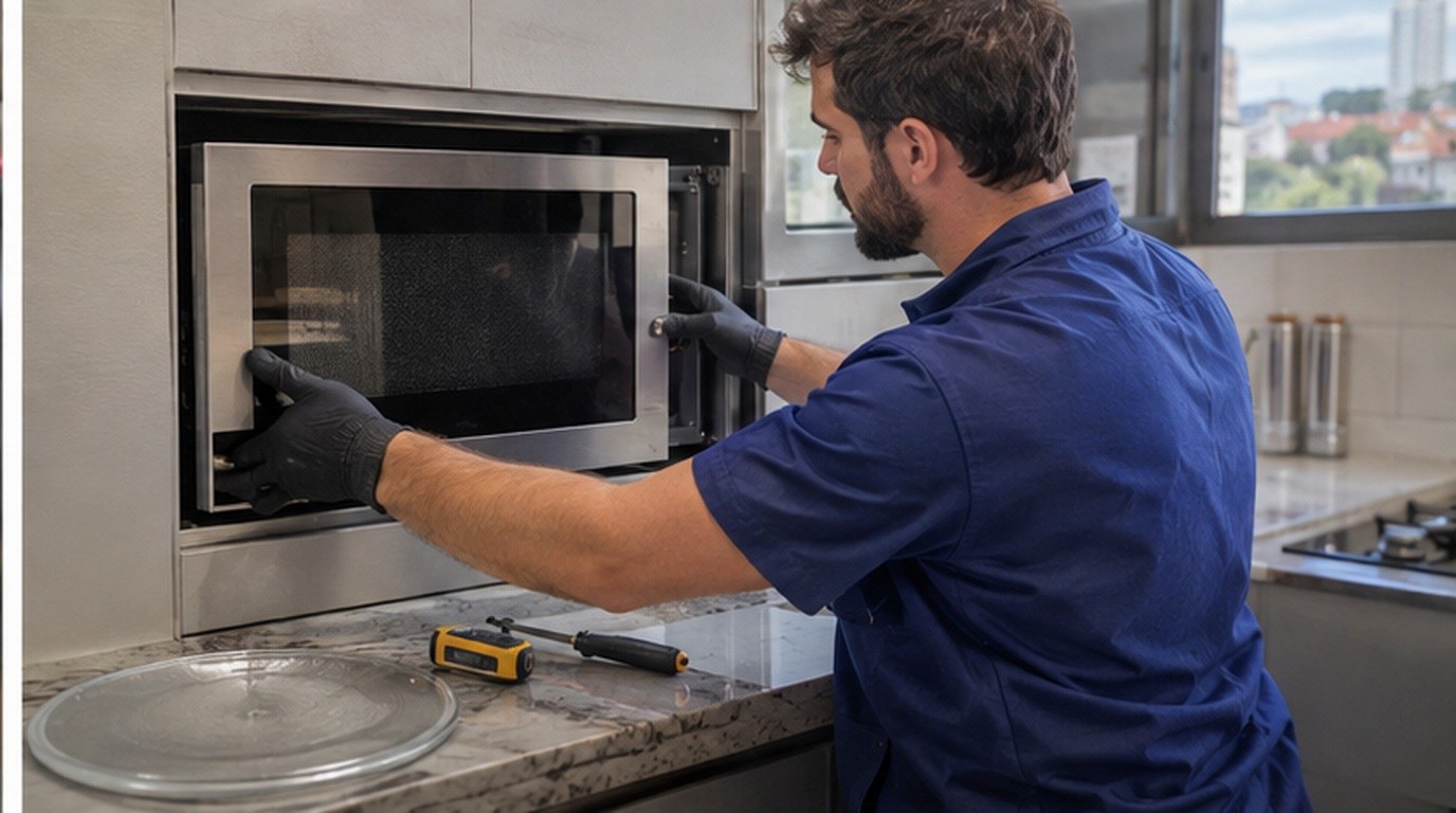 Conserto de micro-ondas de embutir em Itajaí‑SC: técnico encaixando o aparelho no armário