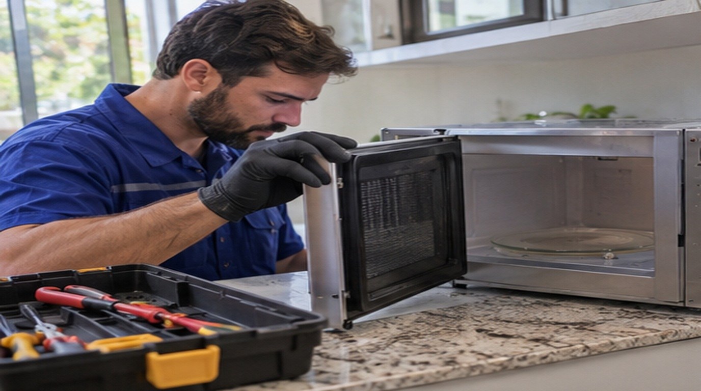 Conserto de micro-ondas em Itajaí‑SC: técnico abrindo um micro-ondas de bancada