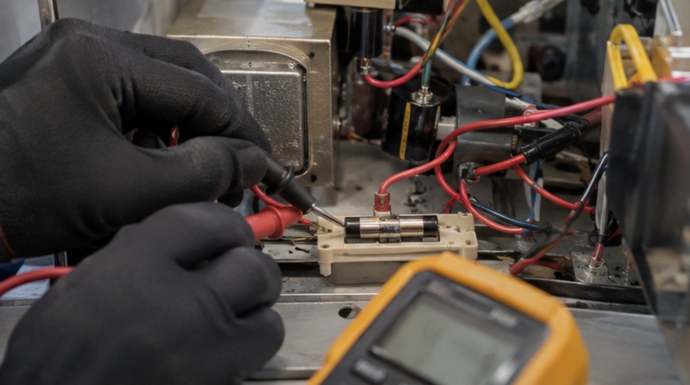 Conserto de micro-ondas em Itajaí‑SC: teste do fusível e do diodo de alta tensão