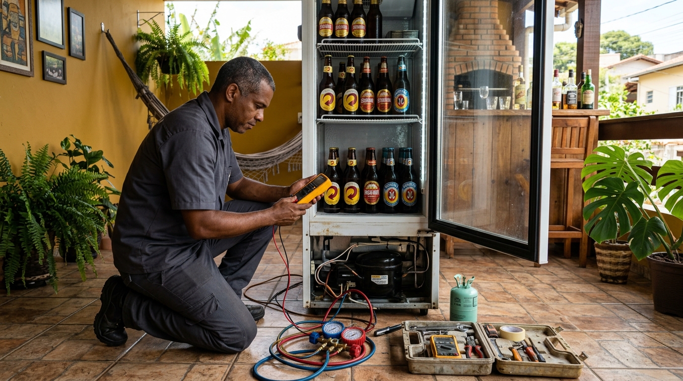 Placa eletrônica de cervejeira em reparo na bancada em Itajaí‑SC