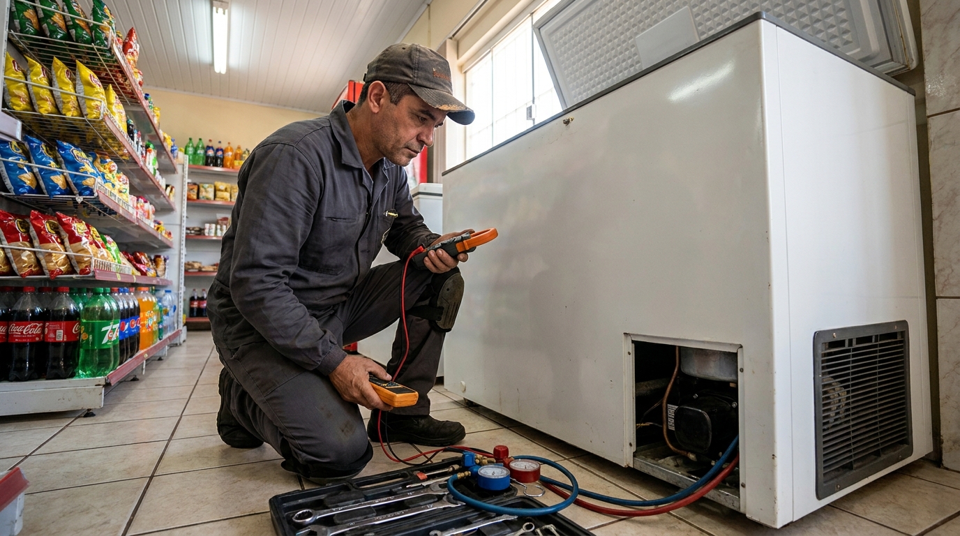 Reparo da placa eletrônica de um freezer em atendimento na Murta, Itajaí‑SC