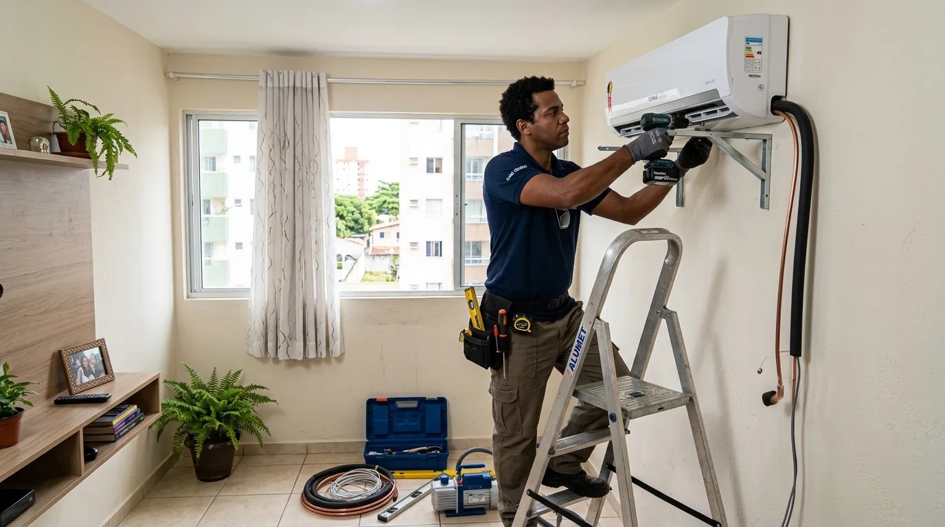 Técnico instalando ar-condicionado split em residência em Itajaí‑SC