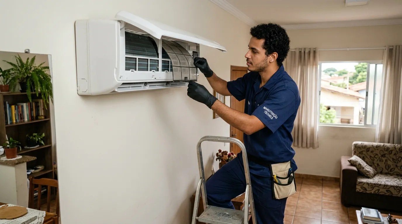 Técnico fazendo limpeza e higienização de ar-condicionado split em Itajaí‑SC