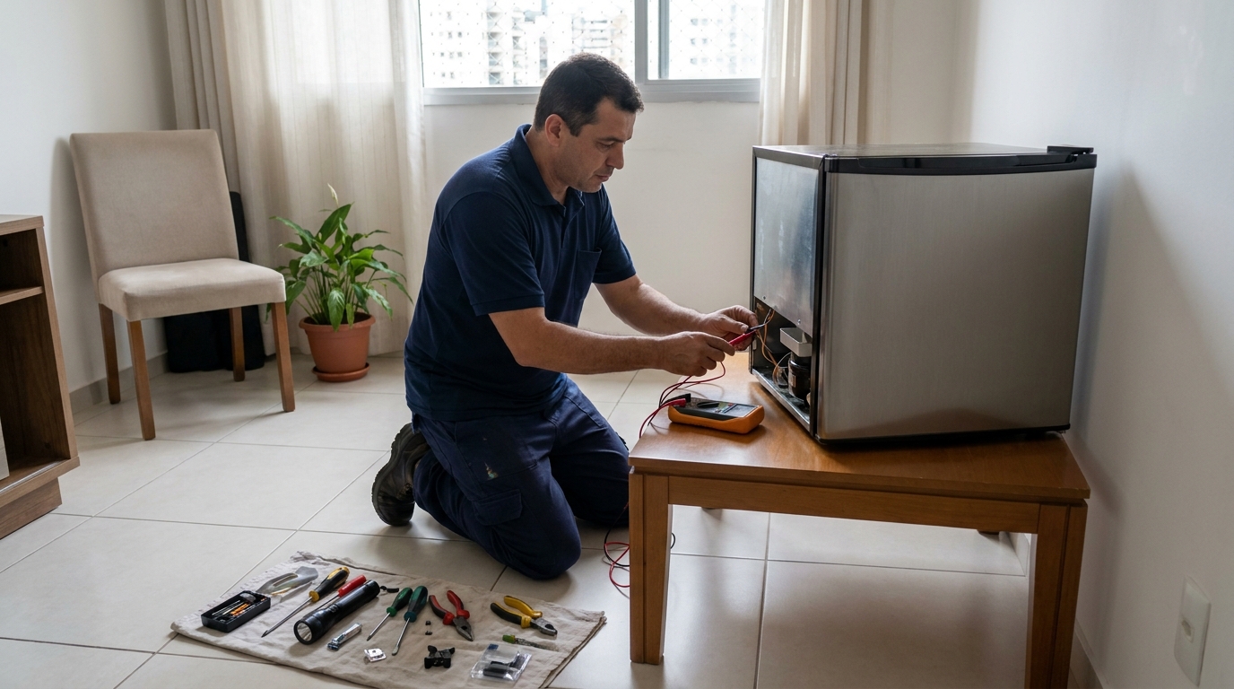Técnico revisando o motor de um frigobar no Centro, Itajaí‑SC