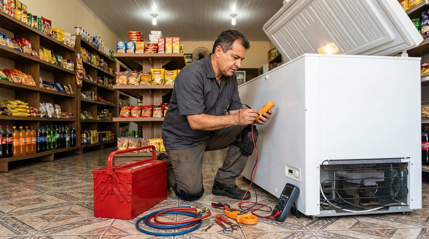 Manômetro conectado ao circuito durante recarga de gás de freezer na Murta, Itajaí‑SC