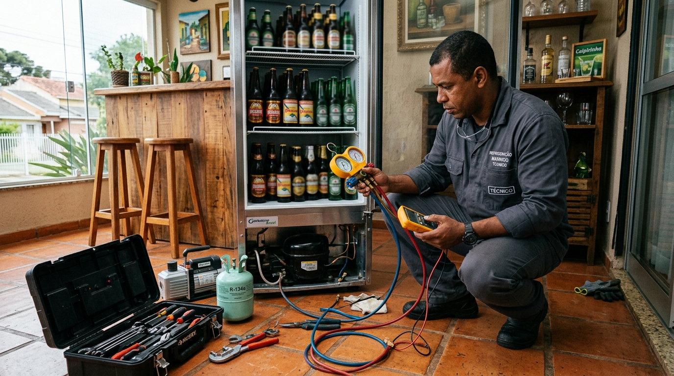 Técnico conferindo a temperatura de uma cervejeira durante atendimento em Itajaí‑SC