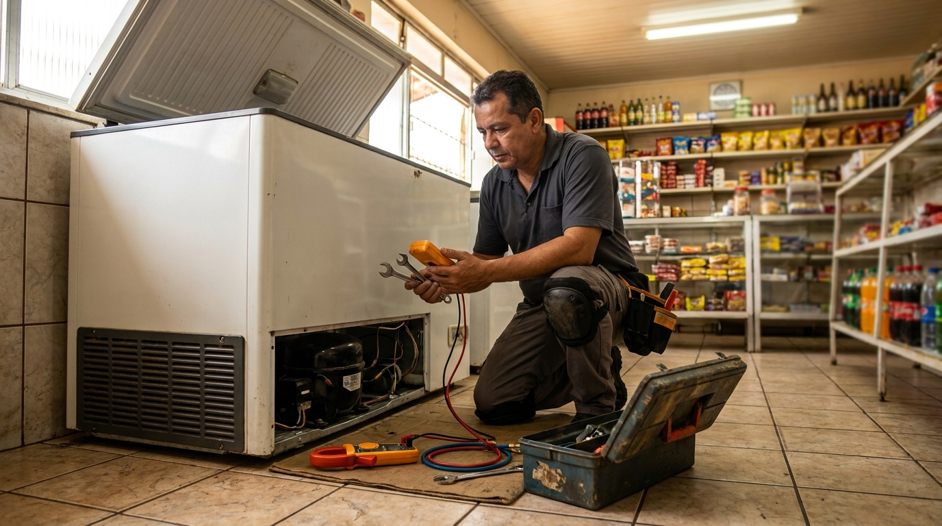 Técnico avaliando um freezer vertical durante atendimento na Murta, Itajaí‑SC
